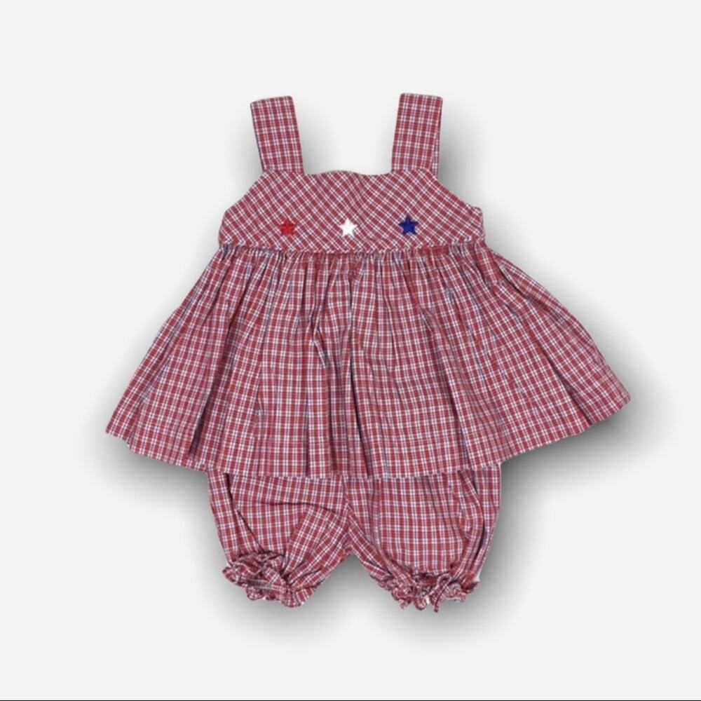 Strasburg Red White Blue Plaid 2 Piece Star Dress Set 12 Months